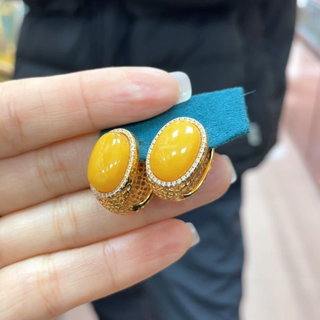 蜜蜡银S925镶嵌耳饰