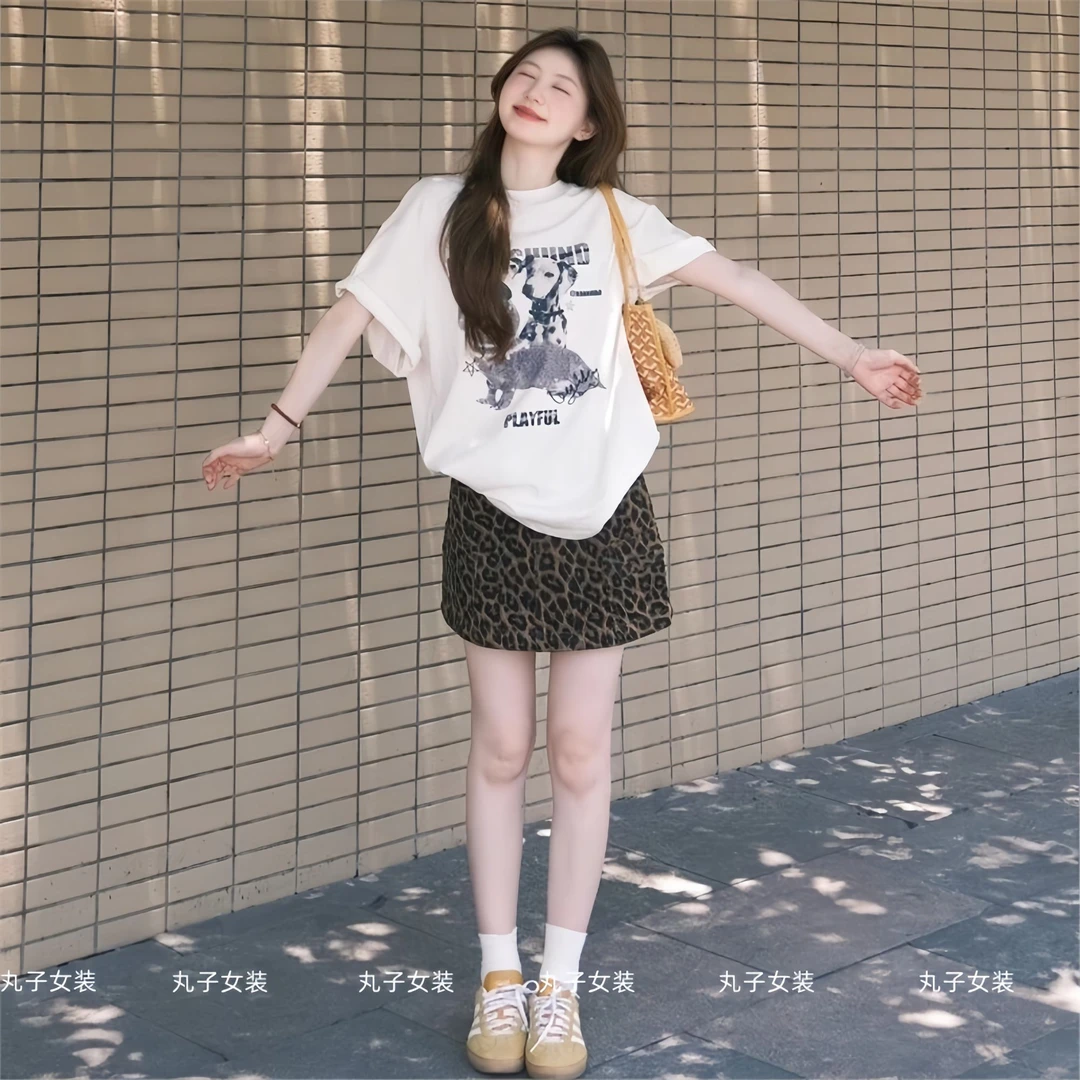 女装夏装套装2025新款爆款圆领小狗印花短袖T恤显瘦豹纹半身短裙