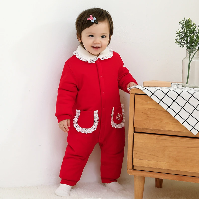 秋冬新款婴儿夹棉连体衣女宝宝拜年服保暖长袖哈衣爬服韩版童装