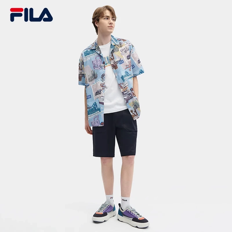 Fila/斐乐美式复古花衬衫旅游度假夏潮搭梭织短袖衬衫F11M428402F