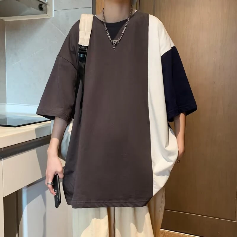 潮流时尚流行新款百搭拼色短袖恤男休闲圆领百搭原宿无品牌上衣