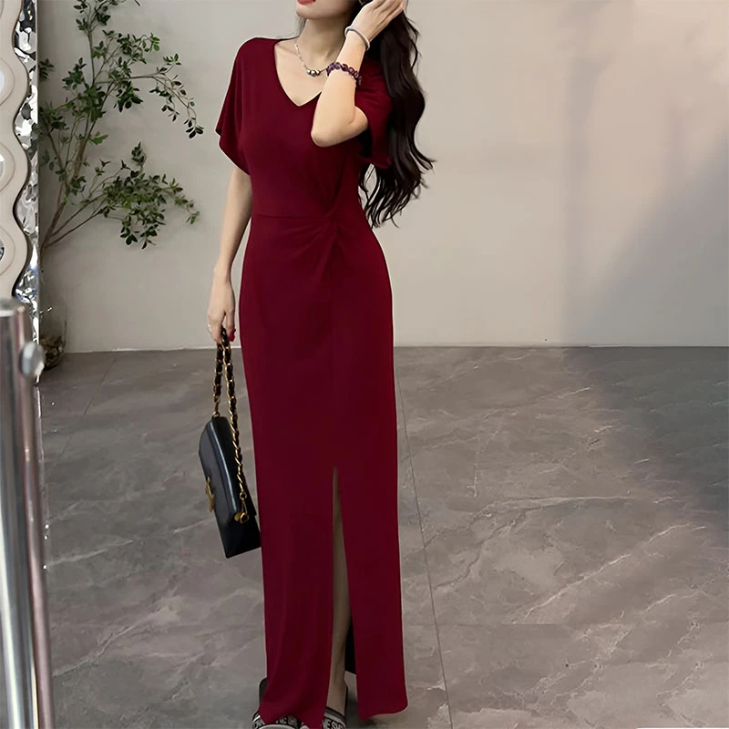 法式洋气v领短袖收腰高端开叉减龄连衣裙女2025夏季新款包臀长裙