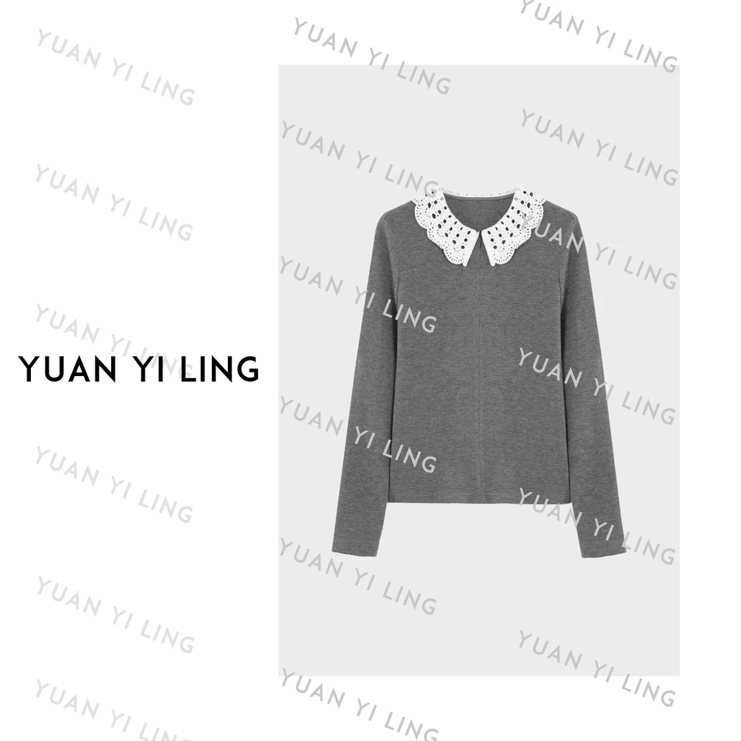 袁艺灵【赫本花园】澳毛天丝法式娃娃领蕾丝花边针织上衣6074