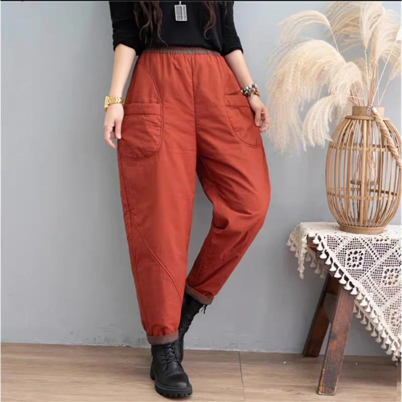 B26复古夹棉轻薄宝宝棉休闲裤女2024新款妈妈松紧腰百搭保暖棉裤