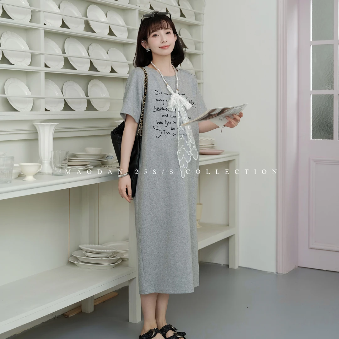 maodan/猫单【赛特艺术】孕妇装2025新款开叉T恤连衣裙洋气休闲夏季