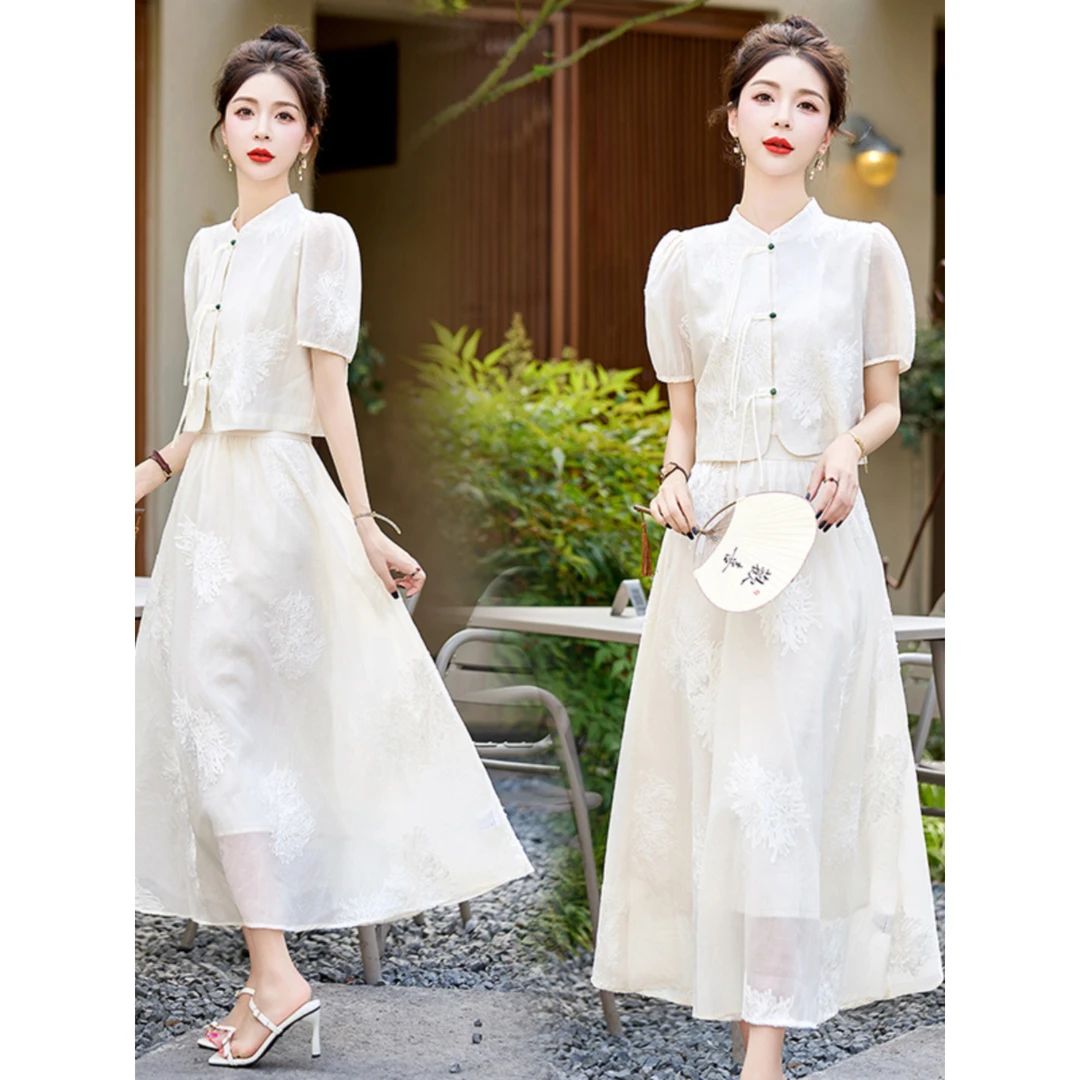新中式国风高端优雅套装女夏季时尚半身裙复古仙气蕾丝小衫两件套