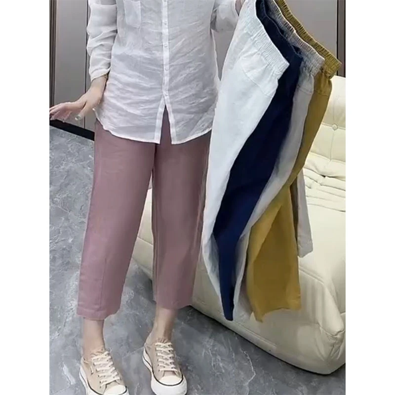 2025年夏季薄款高腰麻棉八分直筒休闲裤女梨形身材显瘦百搭哈伦裤