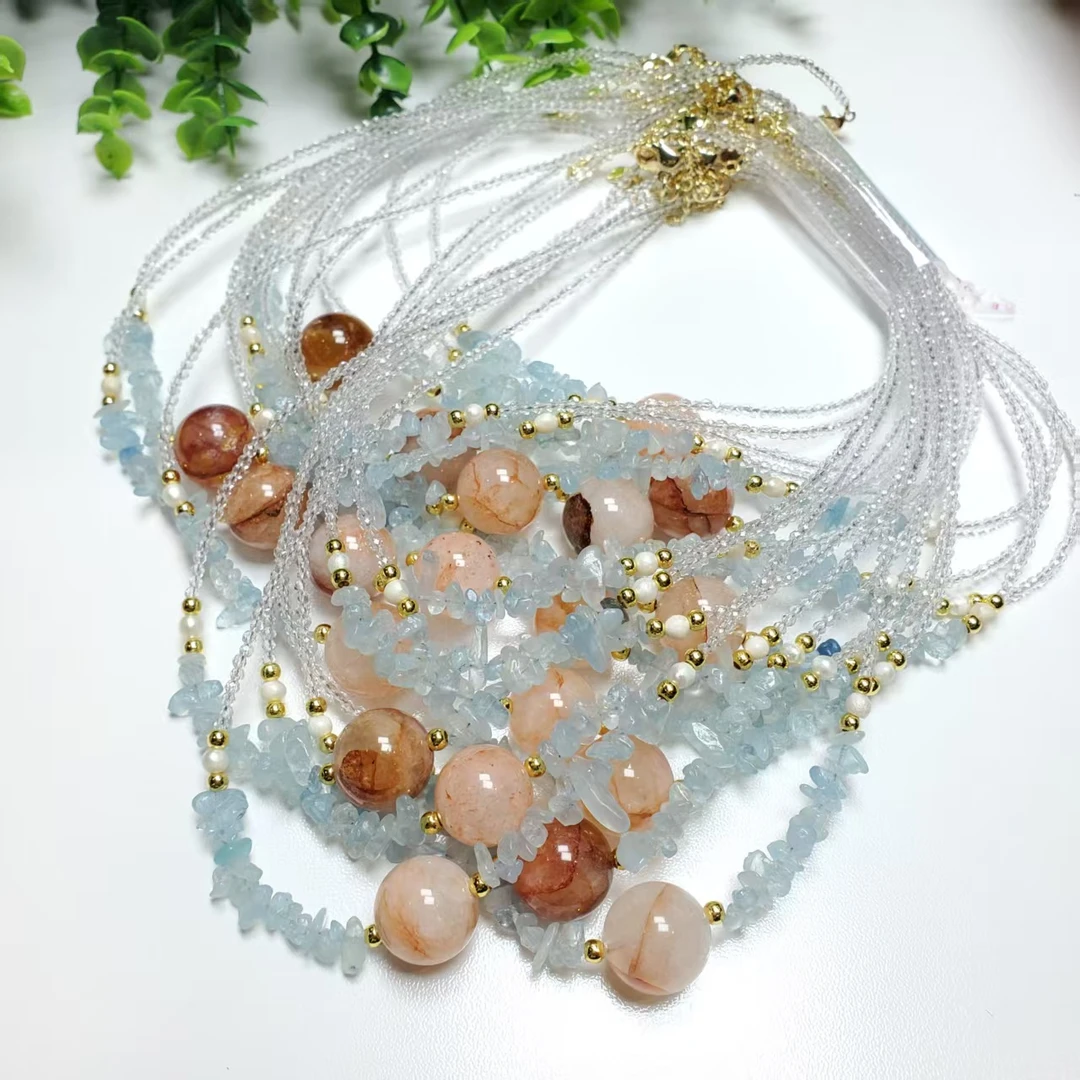 N558【赵小姐】时尚百搭红胶花海蓝宝碎石项链多样式发其一