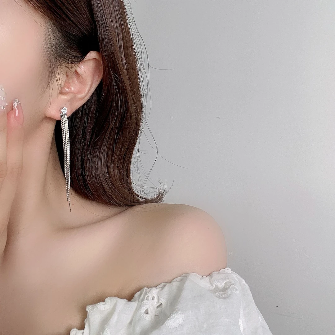铜合金亚克力耳饰 时尚通勤锆石耳钉长款流苏耳坠小众耳饰轻奢高