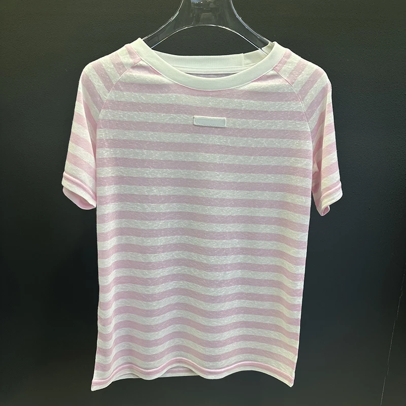 条纹撞色微透短袖T恤女2025新款夏季时尚上衣休闲百搭025