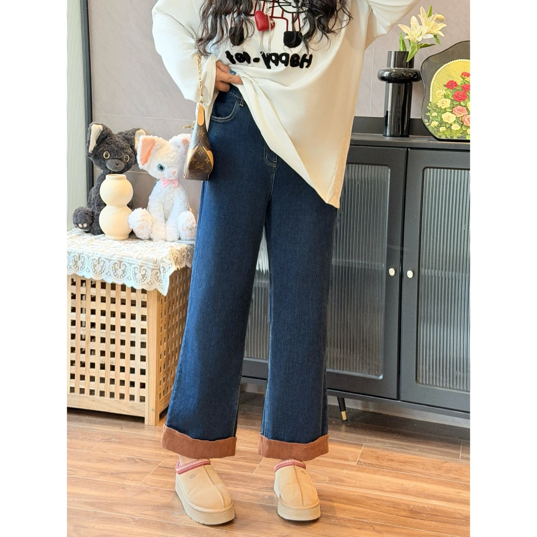 花契“轻雾松针”大码女装冬季宽松200斤胖mm复古拼接牛仔裤16094-H