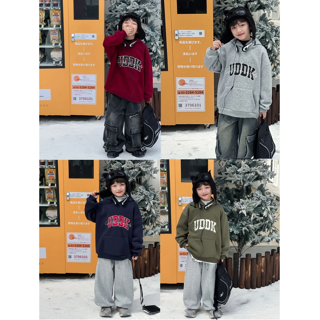 棉小班童装冬季时尚字母刺绣宝宝上衣连帽加绒加厚儿童卫衣FD5055