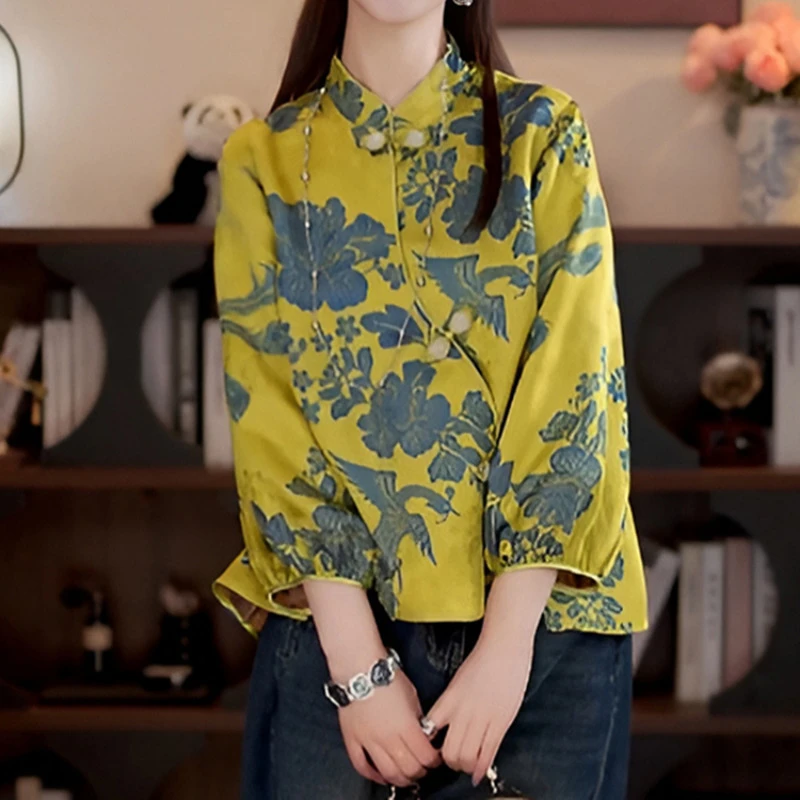 复古新中式斜襟小衫春秋新款国风立领上衣洋气复古提花宽松衬衫潮