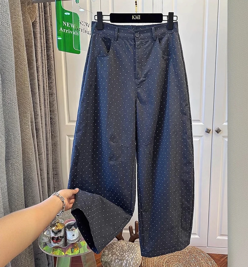 大码女装波点休闲哈伦裤2025夏季薄款梨形身材宽松高腰弯刀九分裤
