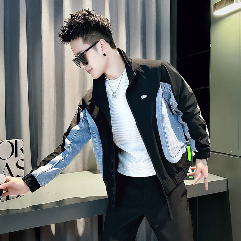 男款春季新款爆款牛仔拼接立领夹克洋气炸街男装外衣欧若风穿搭