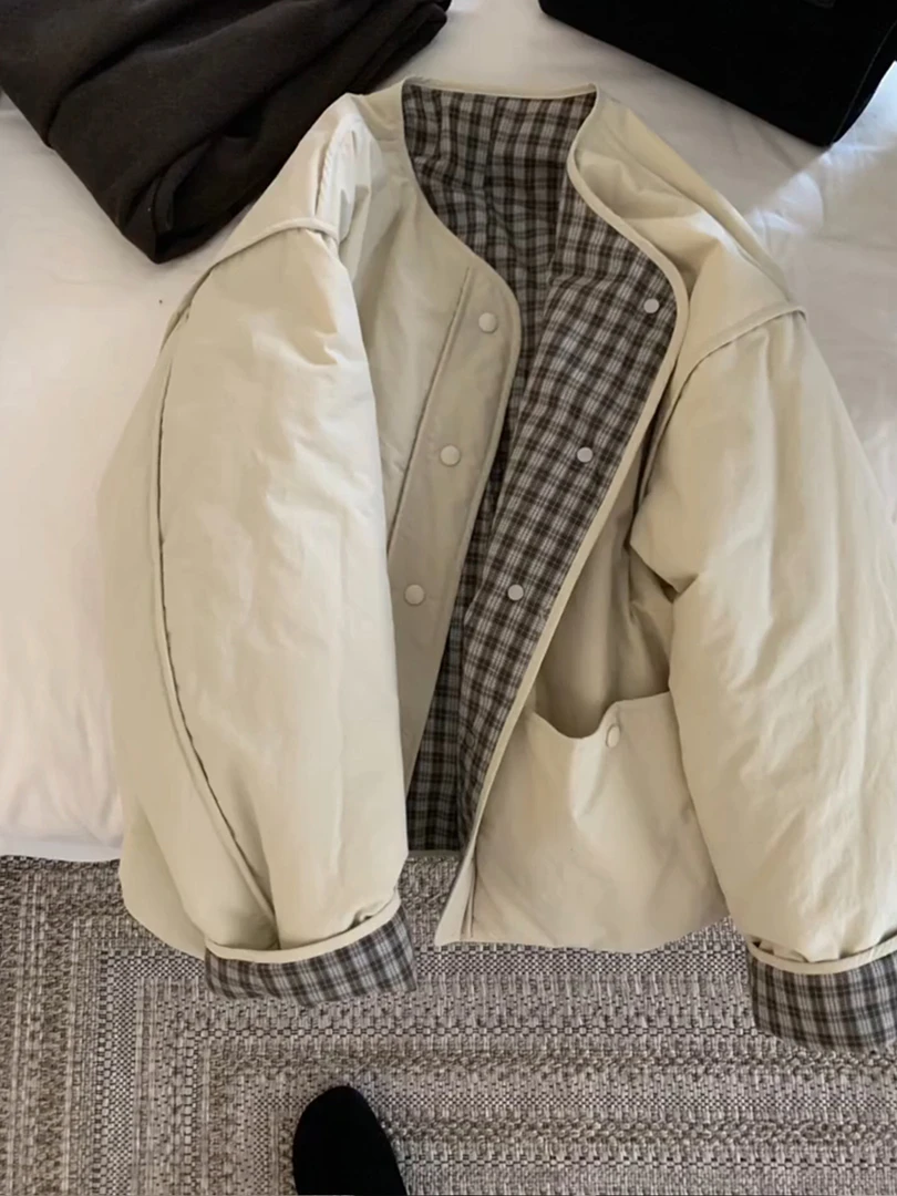 慵懒风圆领设计感格子拼接棉服女2025冬季新款韩系高级感气质外套