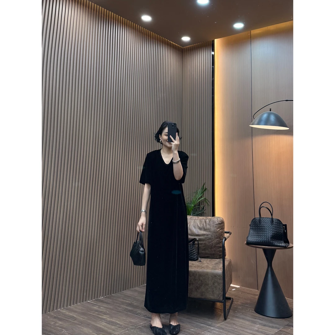 美丽定制极简V领金丝绒半袖长裙160斤以内