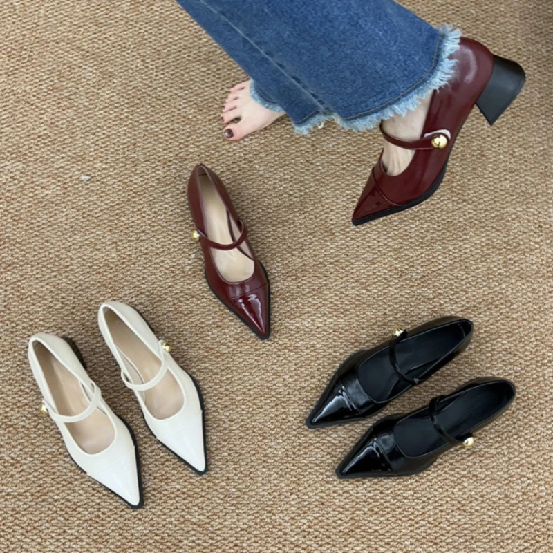 法式黑色粗跟2025年高跟通勤鞋玛丽珍鞋女鞋新款春季尖头浅口