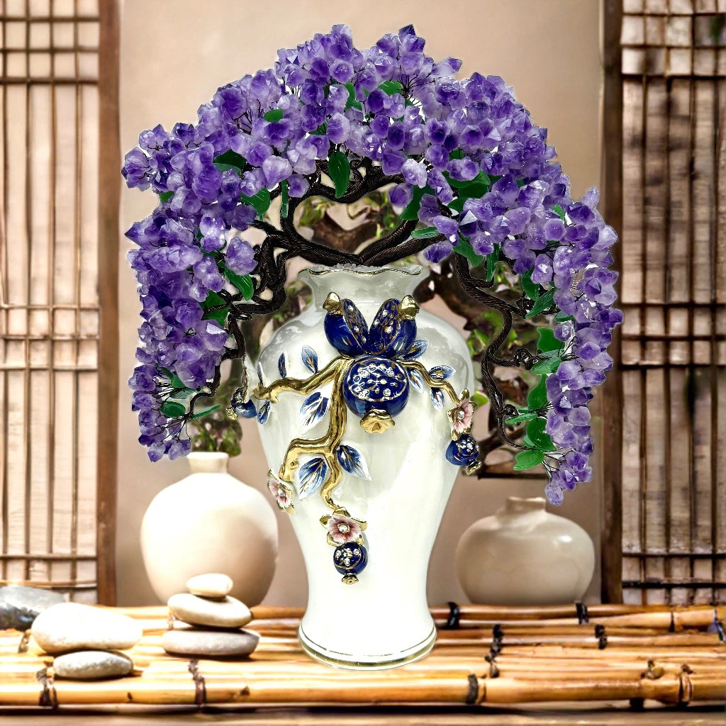 【轻奢高品】天然紫水晶转运树摆件陶瓷创意晶簇原石摇钱树八方来财