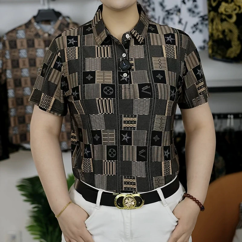 男士短袖polo冰丝印花T恤翻领中年薄款宽松半袖商务免烫衬衣碎花