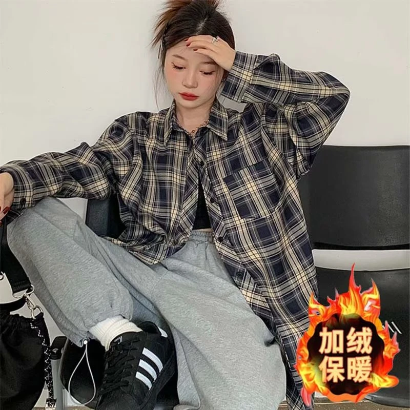 复古秋冬气质格纹加绒保暖衬衫宽松型休闲格子百搭女款上衣时尚