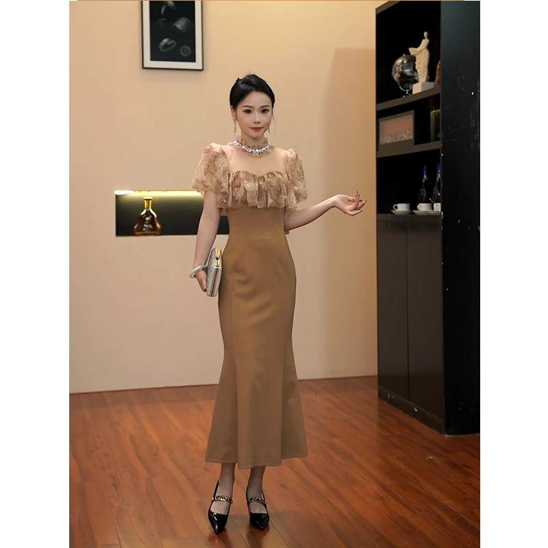 3234复古优雅圆领戴钻收腰显瘦鱼尾连衣裙女