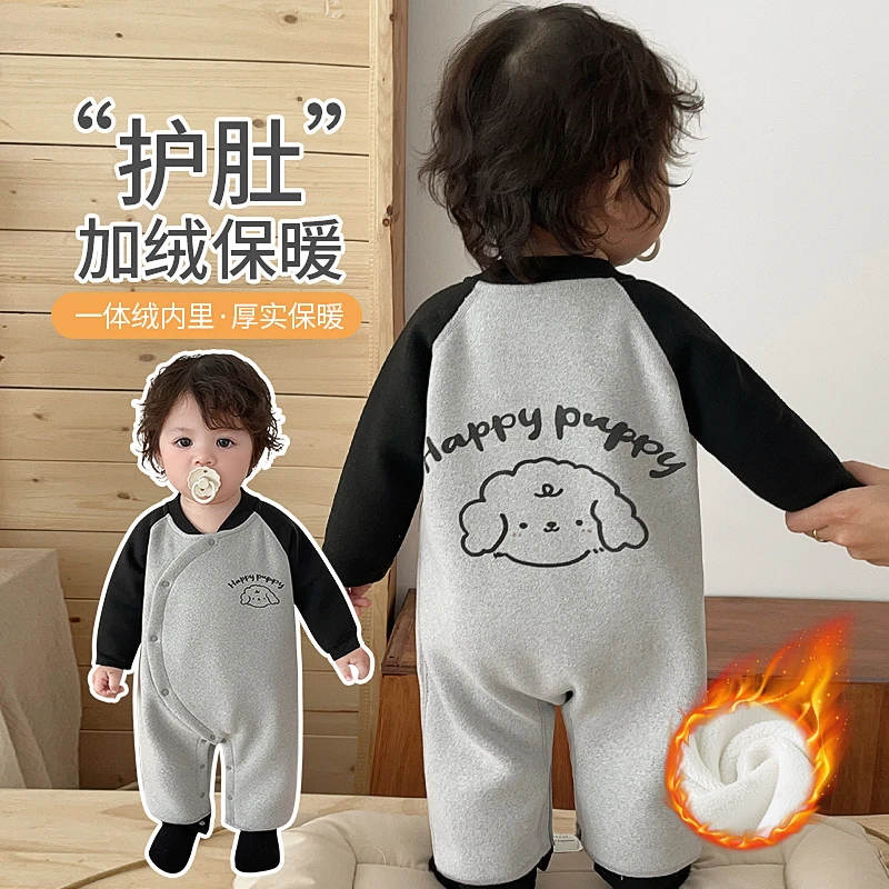 婴儿加绒连体衣服秋冬季保暖哈衣男宝宝双层护肚外出按扣开档冬装