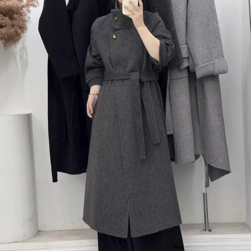 双面羊毛大衣女中长款轻奢高支初剪绵羊毛显瘦气质立领毛呢外套女