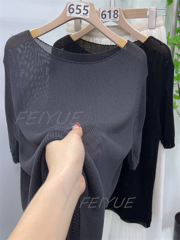 【短袖】冰亚麻短袖针织衫t恤女装夏2025新款打底薄款镂空罩衫上衣