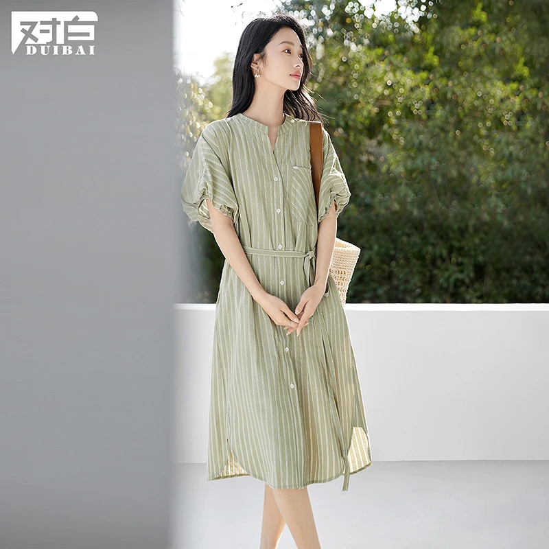 【绿子粉丝专享】D01对白复古条纹灯笼袖衬衫连衣裙女裙子FDQ094