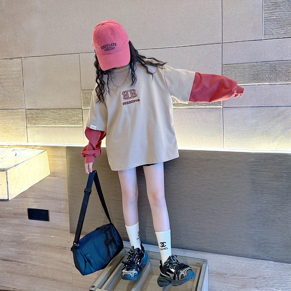 女童长袖t恤春秋款2025新款儿童假两件卫衣大童秋季休闲打底衫潮t