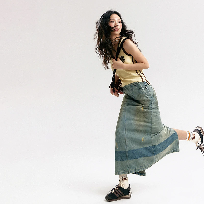 NO ONE ELSE美式复古女装秋季水洗撞色长裙子涂鸦破洞牛仔半身裙