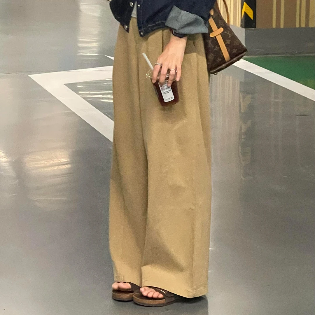 深卡其色弯刀阔腿裤女春秋2025新款高腰宽松显瘦直筒休闲裤子