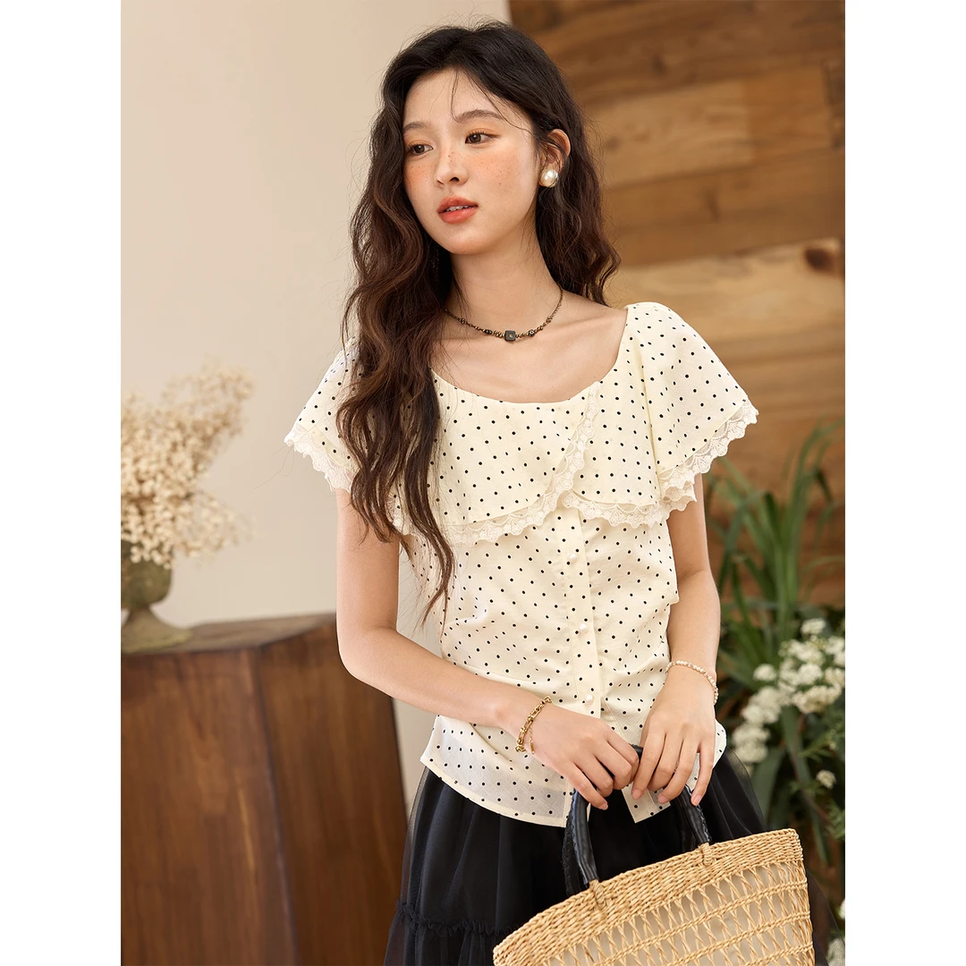 【诗语专属】谜秀波点衬衫女短袖法式荷叶边拼接蕾丝MXE34X1783