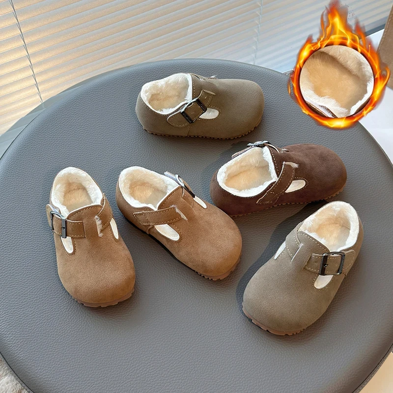 2025韩版儿童勃肯鞋冬季加绒女童保暖棉鞋平底豆豆鞋男童毛毛鞋子
