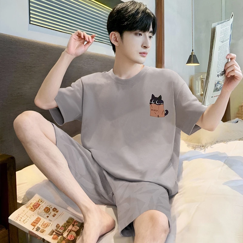 睡衣男士夏季天薄款冰丝莫代尔短袖卡通青少年初中学生家居服套装