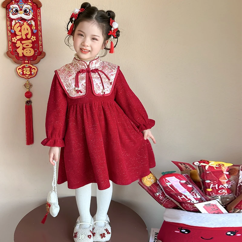 女冬季连衣裙女童红色过年裙子女宝秋冬唐装女孩裙子