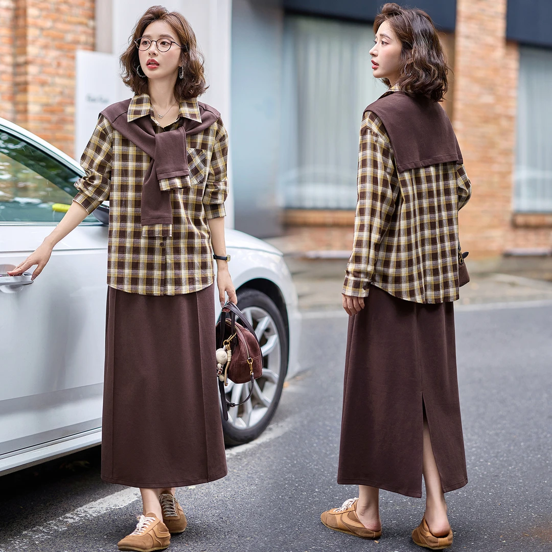 韩系气质格子衬衫套装裙女2025春秋新款遮肉显瘦宽松半身裙两件套