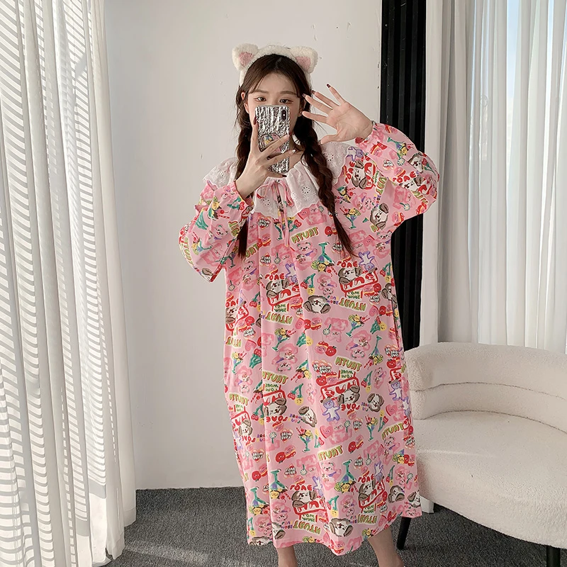 春秋公主风胖MM200斤睡裙长袖加肥加大码针织棉孕妇宽松居家睡衣