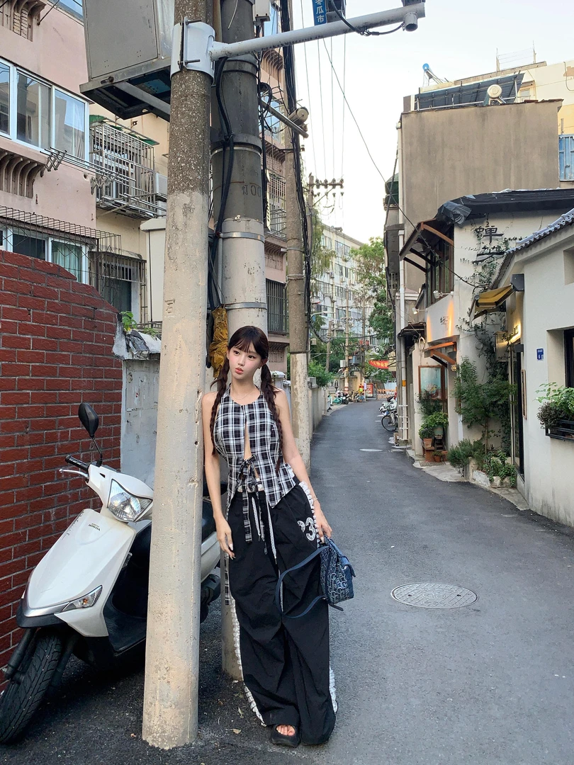 2025秋季新款纯欲甜酷辣妹风绑带松紧无袖背心配花边宽松休闲裤女