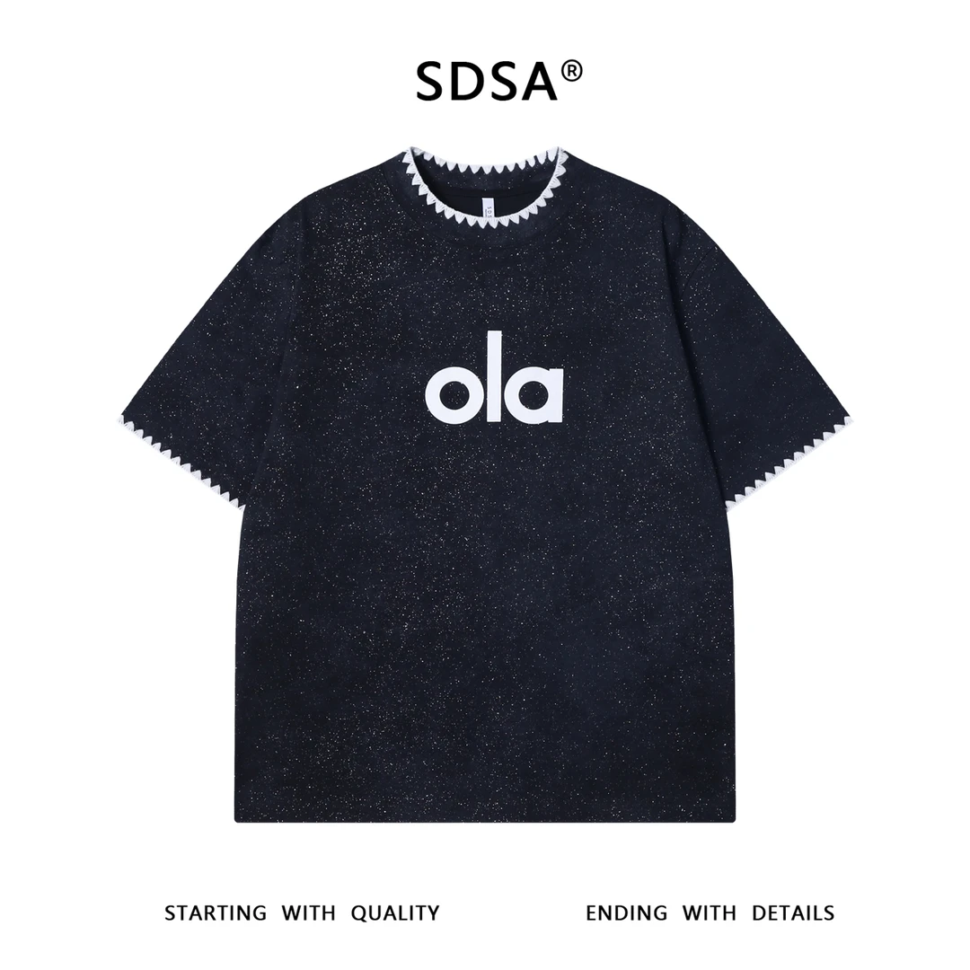 夏季高级感新款韩系满天星印花字母圆领短袖T恤撞色缝线设计上衣