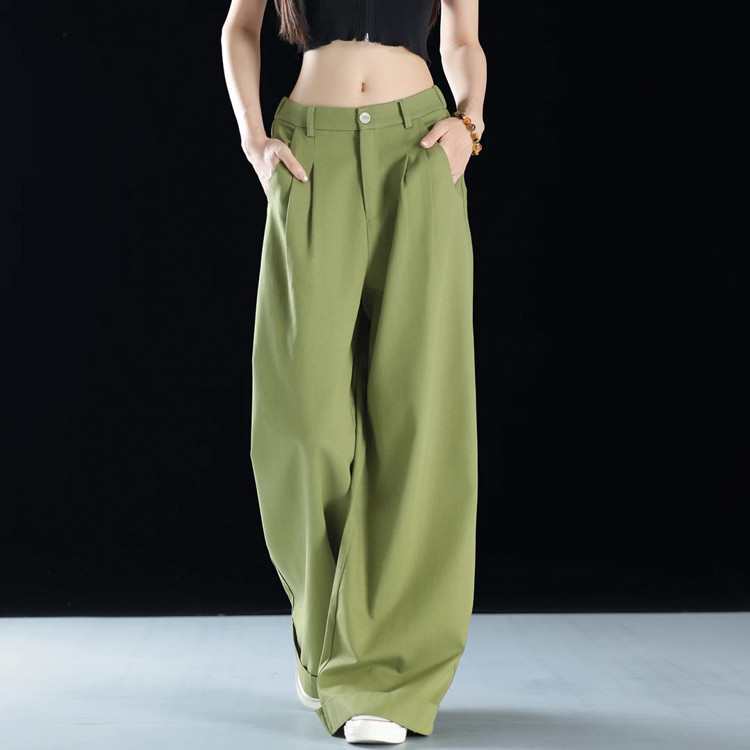 绿色宽松休闲裤女薄款2025新款天丝阔腿裤夏天裤子薄款垂感拖地裤