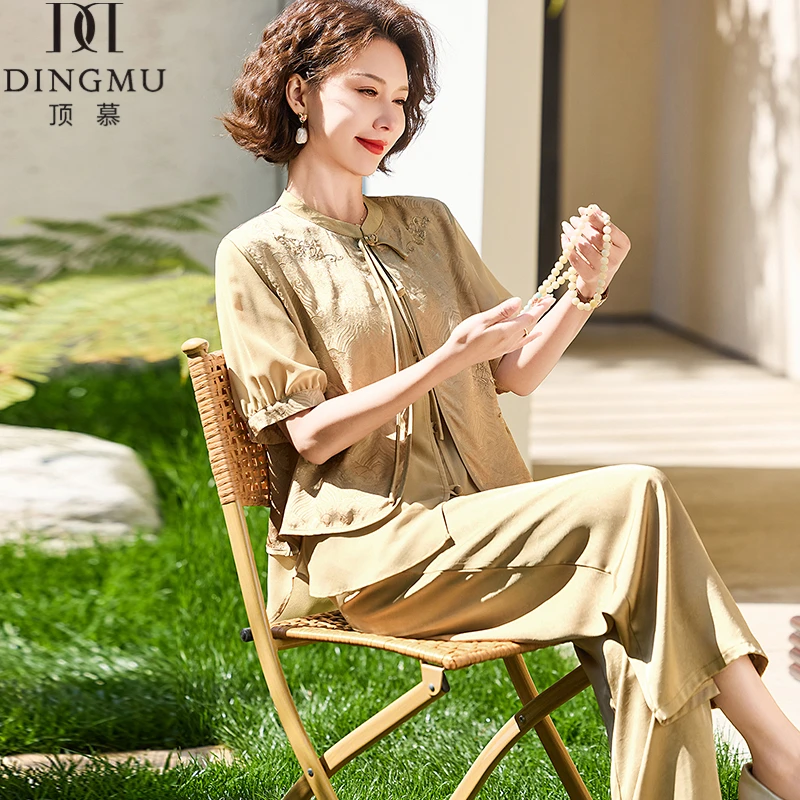 妈妈夏装2025新款国风套装中老年女装阔太太衬衫阔腿裤洋气两件套