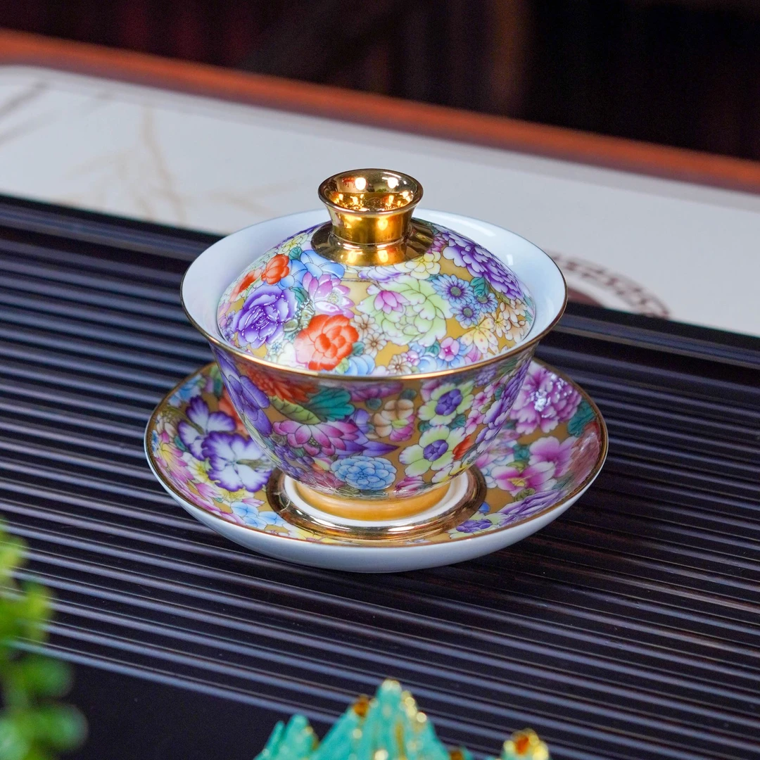 景德镇手工高档茶器珐琅彩万花手绘盖碗三彩碗茶器