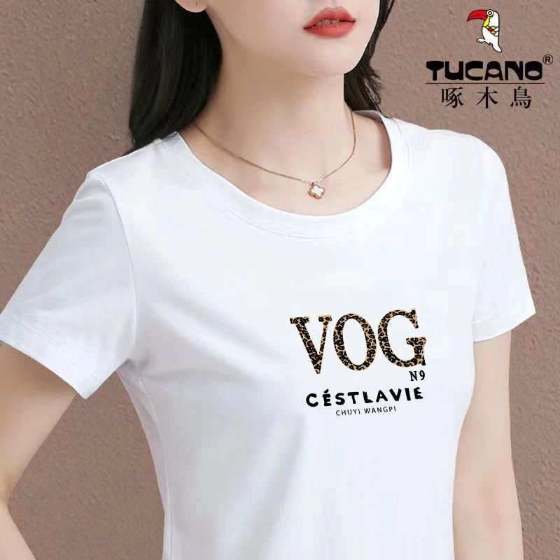 啄木鸟新款简约T恤女爆款减龄妈妈装显瘦圆领上衣短袖2025年夏季