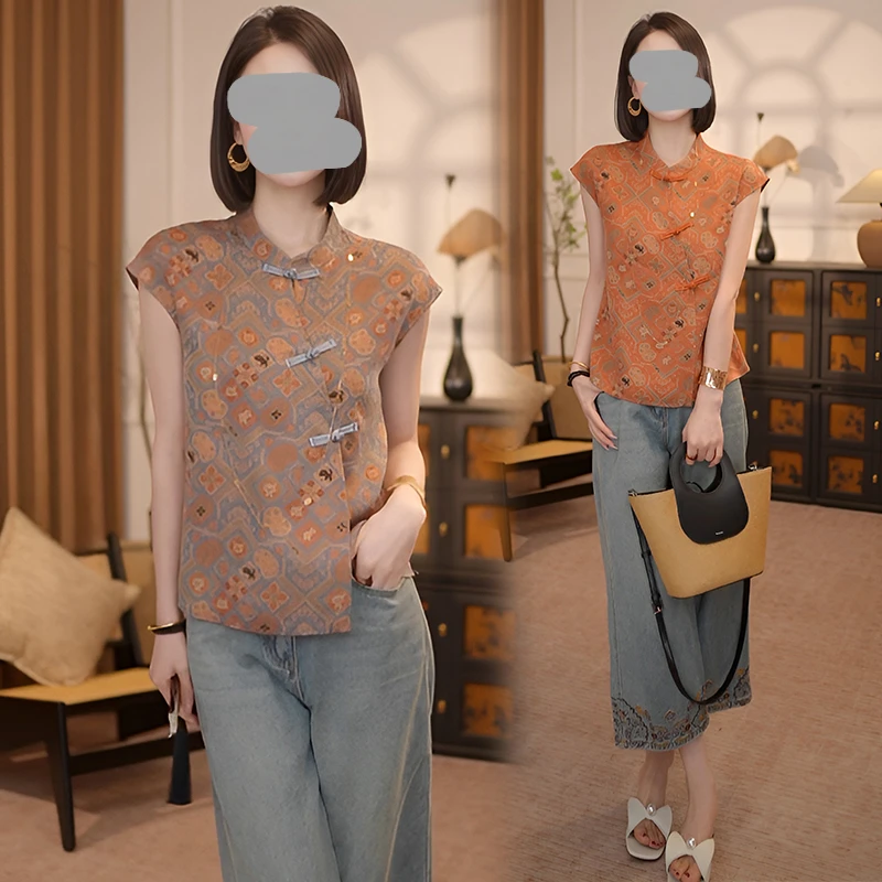 2025夏季新款今年流行女装新中式国风复古盘扣精致印花短袖衬衫女