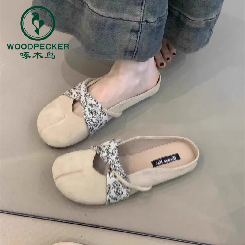 啄木鸟温柔仙女风包头半拖鞋女2025新款法式复古圆头玛丽珍凉拖鞋