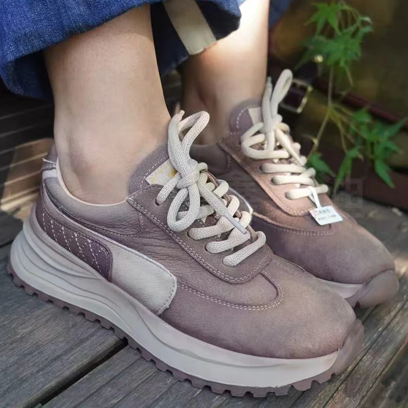 头层牛皮休闲运动鞋秋季复古真皮单鞋防滑轻便女鞋 跟4.5cm