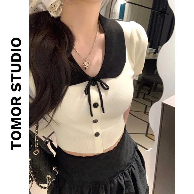 纯欲甜妹娃娃领泡泡袖针织衫女夏季新款短款修身短袖上衣A87