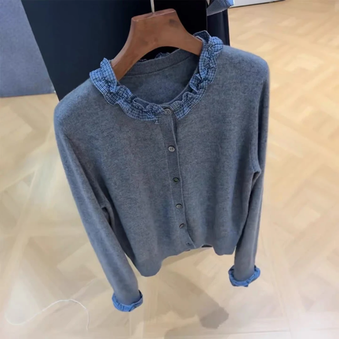 韩系秋款甜美撞色拼接设计显瘦针织衫女装高级感气质时尚复古毛衣